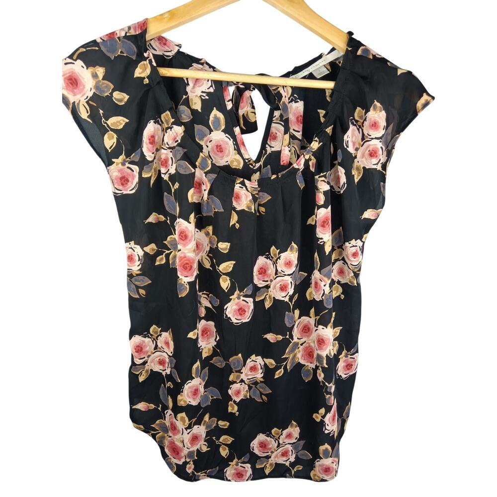 LC Lauren Conrad Black Floral Cap-Sleeve Blouse with Pink Roses